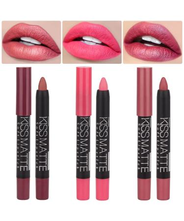 3 Colors Moisture Smooth Longwear Lipstick Pack Set Matte Color Stick Ultimate Lip Crayon for Makeup Collection - Nourishing Lipstick with a Matte Finish Waterproof Velvet Lipgloss Lip Stain (01# 04# 07#) set06