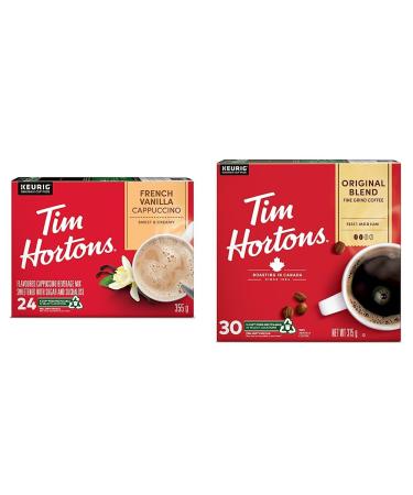 Tim Hortons French Vanilla Cappuccino K-Cup Pods 24 Pack & Original Blend Coffee Single Serve K-Cup Pods Medium Roast 30ct Pack