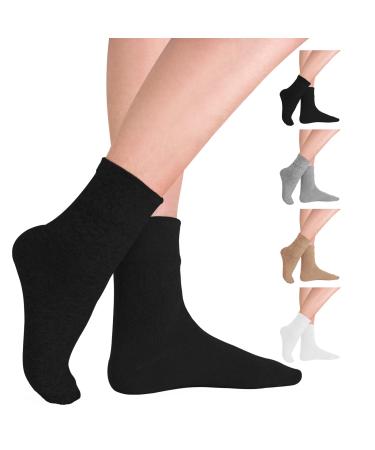 4-Pair Diabetic Socks for Women Loose Fit Cotton Crew Socks Above Ankle with Wide Non-Binding Top for Circulatory Neuropathy A Black/White/Grey/Brown 6-9