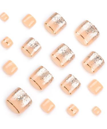 24 Pcs Nude Press on Toenails - SHANRUN Full Cover Acrylic Toe Nails with Gold Glitter Design | Fake French Gel X Nail Tips & Jelly Glue Kit - Buy Online on GoSupps.com