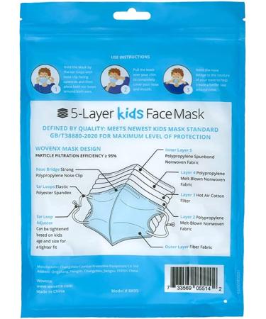 Wovenx FDA Registered 5 Ply Disposable Kids Face Mask 15 Pack - Adjustable Earloops - Individually Sealed Boys Masks - Buy Online on GoSupps.com
