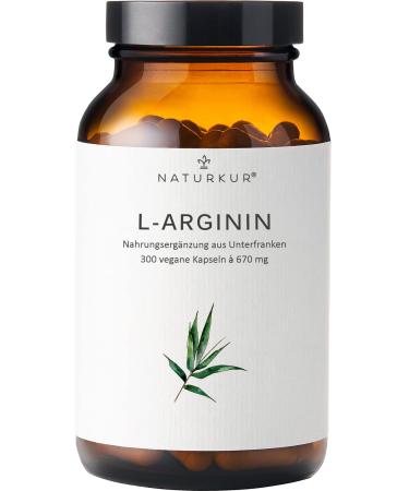 Naturkur L -Arginine Base (pure no HCL) 670 mg - 300 capsules in pharmacists - vegan laboratory test without additives handcrafted in Lower Franconia