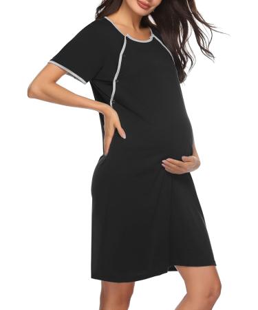 Sykooria Women's Maternity Nursing Nightdress - Short Sleeve V Neck Nightgown in Black - Soft Sleep Shirt for Pregnant Women - Buy Online on GoSupps.com