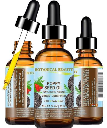 Botanical Beauty POPPY SEED OIL Papaver Somniferum 100% Pure Natural VIRGIN UNREFINED Cold Pressed Anti Aging Vitamin E Oil for Face Skin Body Hair Nail Care 0.5 Fl.oz.- 15 ml
