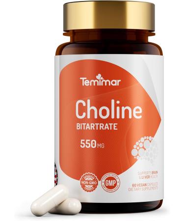 Choline Supplements, Supports Liver & Brain Health, High Absorption Choline Bitartrate 550mg, Non-GMO, Gluten-Free, Made in USA, 120 Vegan Capsules 60 Count (Pack of 2) Choline Bitartrate - Buy Online on GoSupps.com