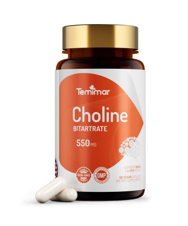 Choline Bitartrate 550mg, Supports Liver & Brain Health, High Absorption Choline Supplements, Non-GMO, Gluten-Free, Made in USA, 60 Vegan Capsules 60 Count (Pack of 1) Choline Bitartrate
