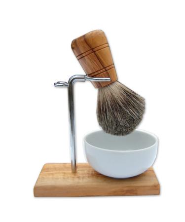 Shaving brush holder made of olive wood and stainless steel including porcelain bowls also available as a set with a shaving brush and wet razor (Halter Classic with shaving brush)