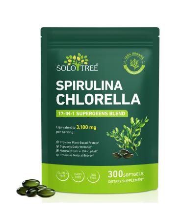 bnHUlMXw Organic Spirulina Chlorella Capsules 17-in-1 Supergeens Blend Rich in Vegan Protein & Chlorophyll Immune Support Non-GMO and Gluten Free Supplement 300 Softgels