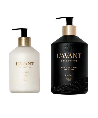 L'AVANT Collective Hand Lotion & Hand Soap Bundle Fresh Linen | High Performing Formula Luxurious Ingredients for Soft & Smooth Hands | 2 Glass Bottles Kitchen Accessories Home Decor Hostess Gifts