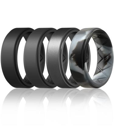 MIROMIHO Silicone Ring Men Inner Arc Ergonomic Breathable Design, 4 Rings Rubber Wedding Bands, 8.5mm Wide-2mm Thick SETA-Black,Black Gray,Gun Metal,Black Gray Camo 10(19.75mm)