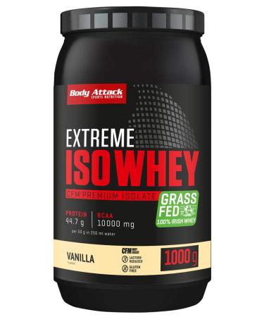 Body Attack Extreme ISO Whey Vanilla 1 kg CFM Whey Protein Isolate Isolate from 100% Irish Weidemilch gluten-free rich in EAAS perfectly soluble low in fat without aspartame 90.6% isolate content Vanilla 1 kg (1 Pack) - Buy Online on GoSupps.com