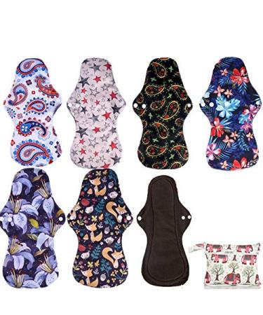Simfamily 8 Pack Bamboo Charcoal Reusable Waterproof Cloth MenstruaL Pads Heavy Flow Over Night Sets(7Pcs Pads +1Pc Mini Bag)