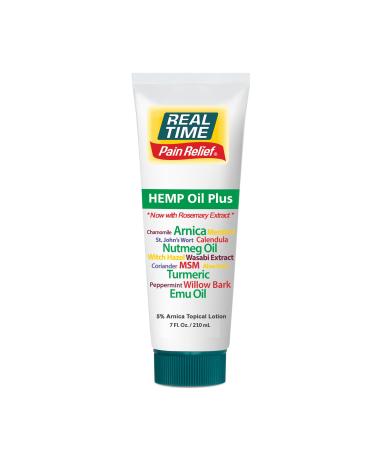 Real Time Pain Relief Hemp Oil Plus 7 oz Tube | 20 Natural Ingredients: 5% Arnica Turmeric & More | Fast-Absorbing Lotion for Muscles Hands Feet Ankles Back Shoulders & Knees 7 Ounce Tube