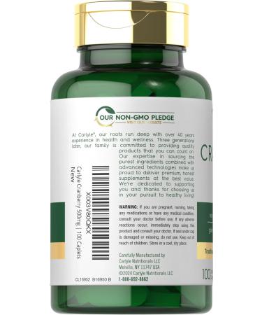 Carlyle Cranberry Pills | 500mg | 100 Caplets | Non-GMO Gluten Free Supplement for Women & Men - Buy Online on GoSupps.com