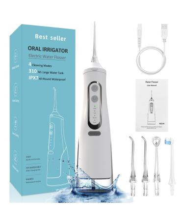 Water Flosser for Teeth Cordless - Power Dental Water Pick Mouth Oral Irrigator Electric Air Flossers Cleaner for Adult & Teenager Black IPX7 Waterproof 4 Modes & 4 Jet Tips 1500mAh (White)