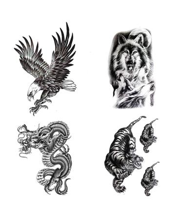 Large Temporary Tattoos Waterproof Fake Tattoo Realistic Eagle Wolf Tiger Dragon Animal Shaped Body Tattoo Stickers for Men Adults Boys Guy (Black  4 Sheets)
