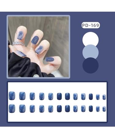 French Tip Press on Nails - Short Press On Nails with Nail Tips Blue gray French fake nails press on nails Acrylic False Nails Cute Artificial Nails - Buy Online on GoSupps.com