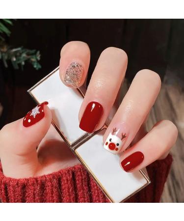 Carufin 24Pcs Christmas Tree Love Short Fake Nails Pearl Flowers Dog Rabbit Acrylic False Nails Press on Nails for Women Girls (D)