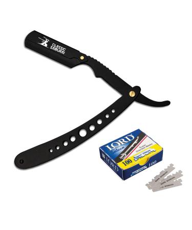 New Ergonomic Design Stainless Steel Professional Folding Straight Edge Barber Razor Shavette Manual Shaver with 100 Lord Single Blades (Matte Black + 100 Lord Blades)