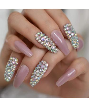 Shop HUJL Super Long Coffin Ballerina Artificial Nails - Pink Purple AB Diamonds Pressed On False Nails for Stunning Manicure | International Shipping Available - Buy Online on GoSupps.com