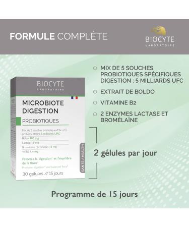 BIOCYTE Microbiote Digestion - Probiotiques Flore Intestinale - 5 Souches Probiotiques Boldo Vitamine B2 Lactase & Bromelaine - Programme 15 Jours - Buy Online on GoSupps.com