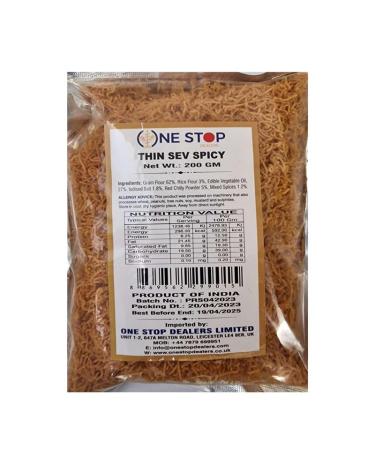One Stop Dealers - Thin Sev Spicy 200 Gram Each - Fiery Crispy Texture For Snacks & Breakfast (Pack of 1) 200.00 g (Pack of 1)