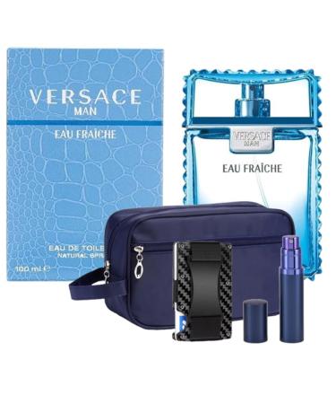 Eau Fraiche for Men 3.4 oz EDT - Luxury Gift Set - Toiletry Bag Fillable Travel Perfume Atomizer and RFID Metal Carbon Fiber Minimalist Wallet