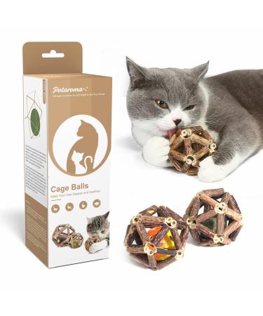 Potaroma Catnip Toys, Natural Cat Toys Silvervine Stick Cage Balls & Bell Ball for Indoor Cats, Kitten Cleaning Teeth Molar Tools Matatabi Cat Chew Toy 3 Cage Balls (2.4")