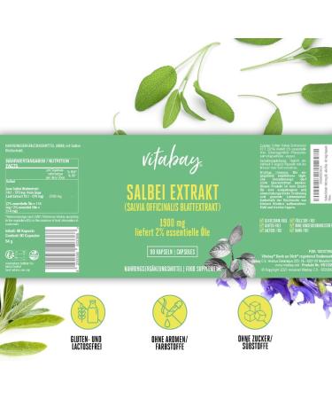 Vitabay Sage 1900 mg - 90 Vegan Sage Capsules | High Dose Salvia Officinalis Leaf Extract with 2% Essential Oils - Optimize Your Health - Buy Online on GoSupps.com
