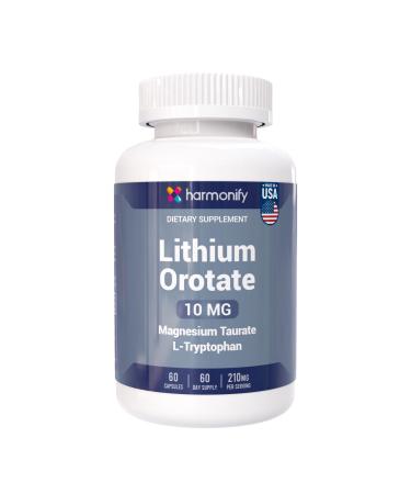 HARMONIFY Lithium Orotate 10mg with Magnesium Taurate & L-Tryptophan Non-GMO, Gluten-Free, Vegan Friendly Lithium Supplement for Wellness 60 Capsules