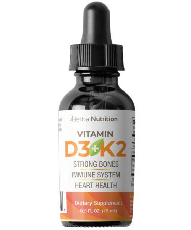 Herbal Nutrition Organic Vitamin D3 K2 Drops 5000 IU D3 + 63mcg MK7 K2 270 Servings, Vegan, Liquid Supplement Superior Delivery Bone, Heart, Immune & Mood Support Peppermint Flavor 1
