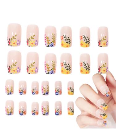 Square Fake Nails - Square Press On Fake Flower Nails - Long Lasting Artificial Fake Nails Detachable Full False Nails for Women