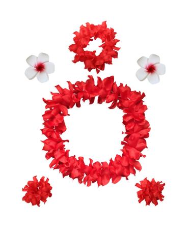 Hawaiian Leis Headband Wristbands Plumeria Hair Clips Tropical Luau Necklace Headpiece Bracelets Flower Barrettes Hair Bands Women Wedding Summer Beach Birthday Dress Up Party Decorations Supplies Red