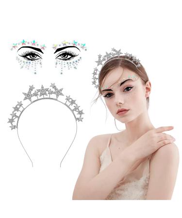 CYNOSURETECH 1 Piece Star Headband and 1 Piece Face Sticker Silver Star Headband Women's Headband Metal Headband Exquisite Headwear for Parties Cosplay and Birthday Parties