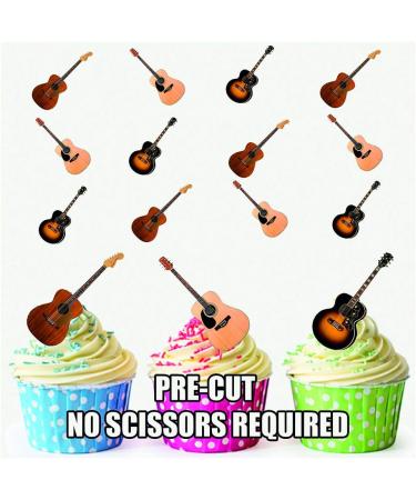 PRE-CUT Acoustic Guitars Cake Decorations - 12 Edible Wafer Cup Cake Toppers - Buy Online on GoSupps.com
