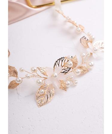 Deniferymakeup White Flower Headband Leaf Hair Vine Pearl Hair Piece Bridal Shower Hair Jewelry for Wedding Brides Bridesmaid (Gold) - Buy Online on GoSupps.com