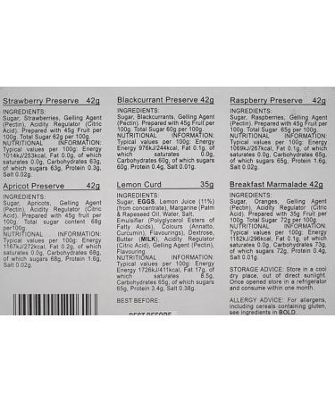 Selection of Breakfast & Afternoon Tea Jam Preserve Gift Pack - Strawberry Blackcurrant Raspberry Apricot Lemon Curd Marmalade - 6 x 42g Jars - Buy Online on GoSupps.com