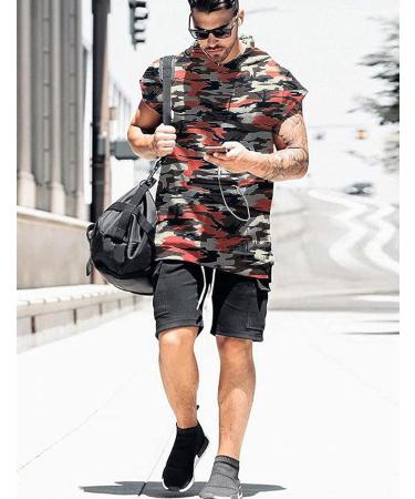 Mens Sleeveless Hooded Workout Tank Top | Red Camouflage | XX-Large - Buy Online on GoSupps.com