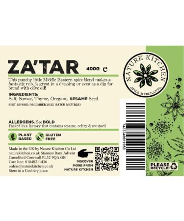 Nature Kitchen Za'atar 400g: Gluten-Free & Vegan Lebanese Seasoning Blend for Cooking & Grilling - Buy Online on GoSupps.com