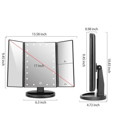 Deweisn Trifold Lighted Vanity Mirror with 21 LED Lights - Touch Screen, 3X/2X/1X Magnification, Two Power Supply Modes - Travel Makeup Mirror (Black) - Buy Online on GoSupps.com