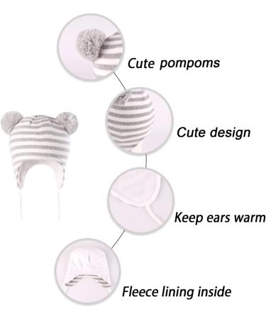 LANGZHEN Toddler Winter Hat Earflap Knit Cap, Fleece Lined Beanie for Baby Boys Girls 1-2 Years - Grey Stripe - Buy Online on GoSupps.com