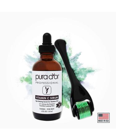 PURA D'OR 25% Vitamin C Serum (4oz) Set with Hyaluronic Acid, Retinol & Derma Roller - Skin Care Kit for Dark Spots, Acne, Wrinkles - Men & Women - Buy Online on GoSupps.com