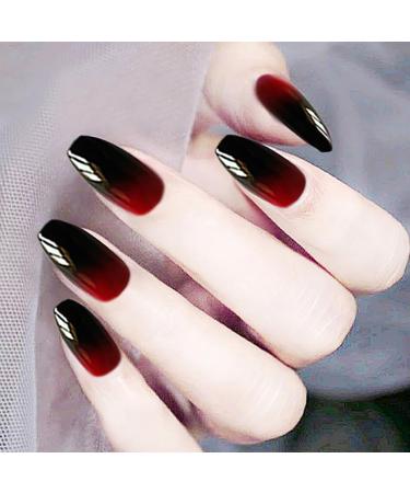 Brishow Coffin False Nails Halloween Decoration Black Red Press on Nails Ballerina Acrylic Stick on Nails 24pcs for Women and Girls Black&Red