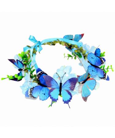 Blue Butterflies Crown Flowers Headband Hair Wreath Floral Garland Headpiece Navy Blue