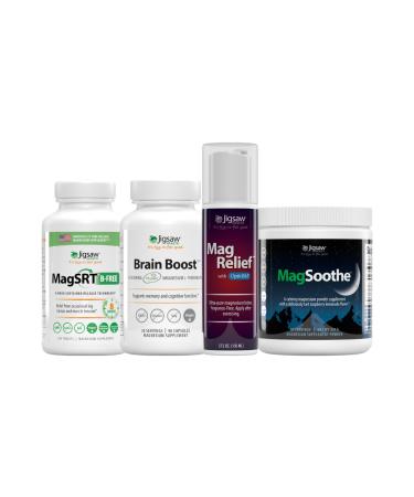 Jigsaw Health Ultimate B-Free Magnesium Bundle | MagSRT (B-Free) 240 Tablets Brain Boost 90 Capsules MagRelief 5 Ounces (Lotion) and MagSoothe (Raspberry Lemonade) 60 Servings (Jar)