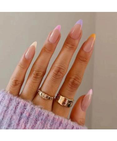Justotry 24 pieces press on nails almond short colored French artificial nails stiletto artificial nails nails to stick on acrylic fingernails fake nails short for women