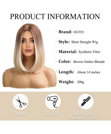 OUFEI 14 Short Straight Blonde Bob Wig with Brown Roots - Synthetic Hair for Women | Cosplay & Party Ombre Blonde Wig - Buy Online on GoSupps.com