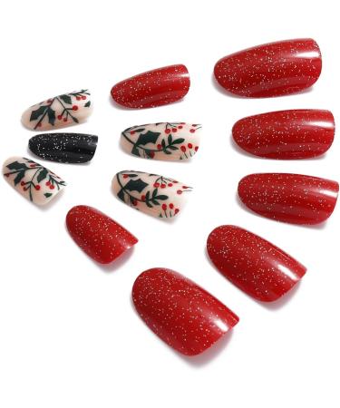 Vatocu Christmas False Nails Short Red Press on Nails - Snowflake Elk Snowman Design (24pcs) | Acrylic Stick on Nails for Women and Girls - Buy Online on GoSupps.com