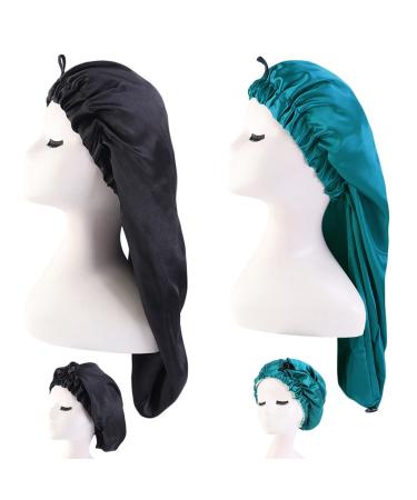 Ladaypoa 2 pieces long satin hair hood girls silky hat women long satin hood sleeping hat to sleep extra big satin sleeping cap for long curly hair protection unit size black+peacock blue