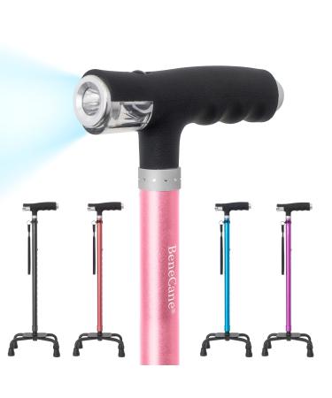 BeneCane Quad Cane Walking Cane with Two Led Lights with Big Base T Handle&Lightweight Adjustable Walking Stick Four Pronged Sturdy for Men and Women PINK
